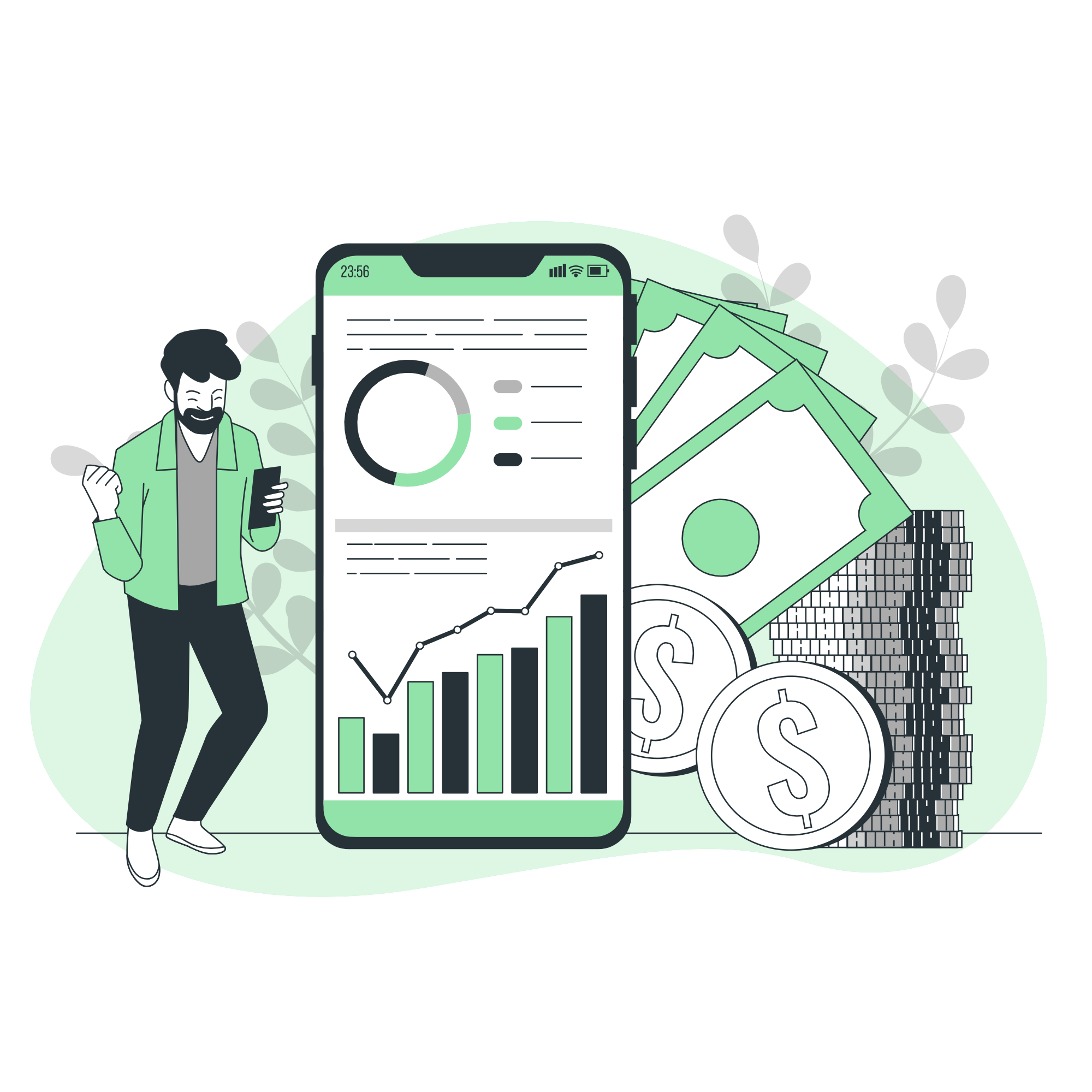 Illustration of people working with growing graph and dollar signs
